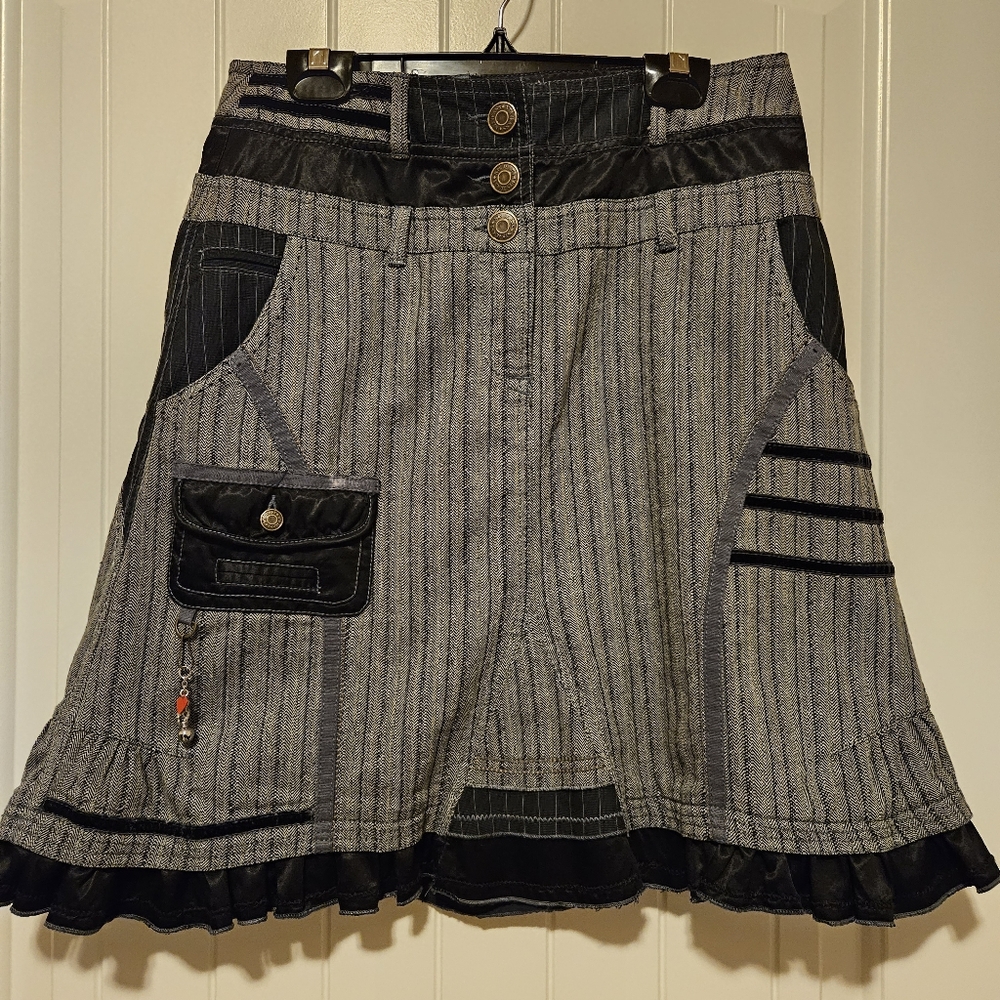 Gray & black short skirt with heart charm, pinstripes, velvet accents UK10/US6